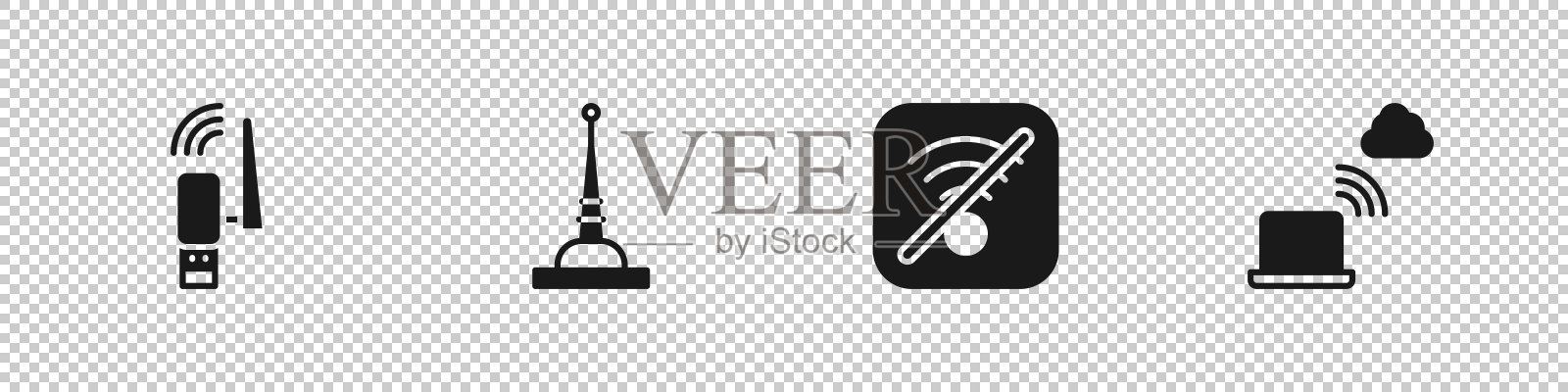 设置Usb无线网卡、天线、无Wi-Fi网络和网络云连接图标。向量图标素材