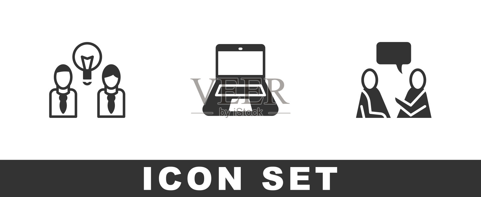 设置有灯泡的人,笔记本电脑和两个坐着说话的男人的图标。向量图标素材