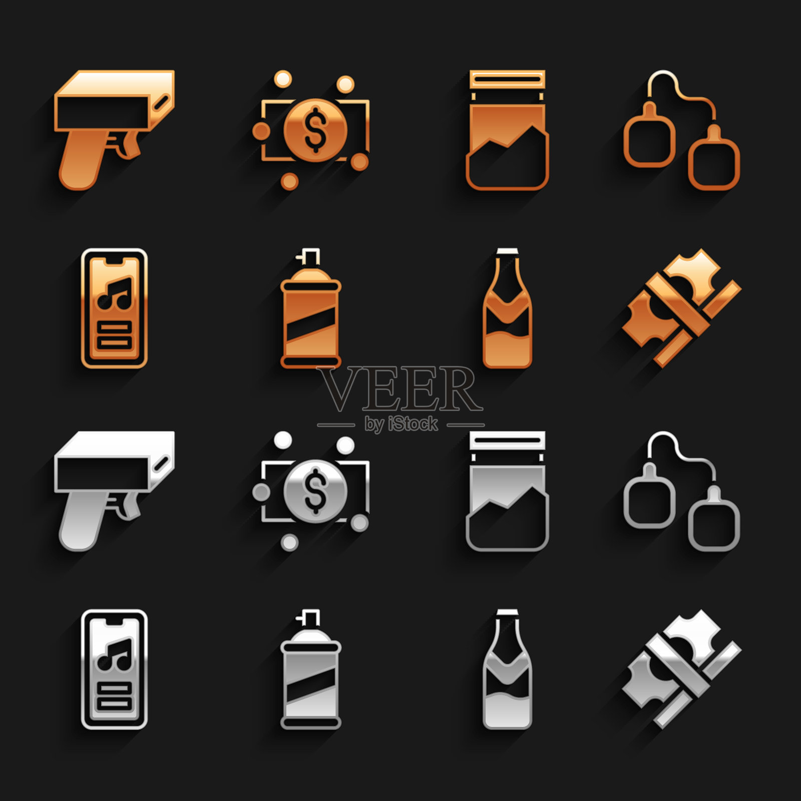 设置喷漆罐,手铐,纸钱现金,啤酒瓶,音乐播放器,毒品塑料袋,钱枪和图标。向量图标素材