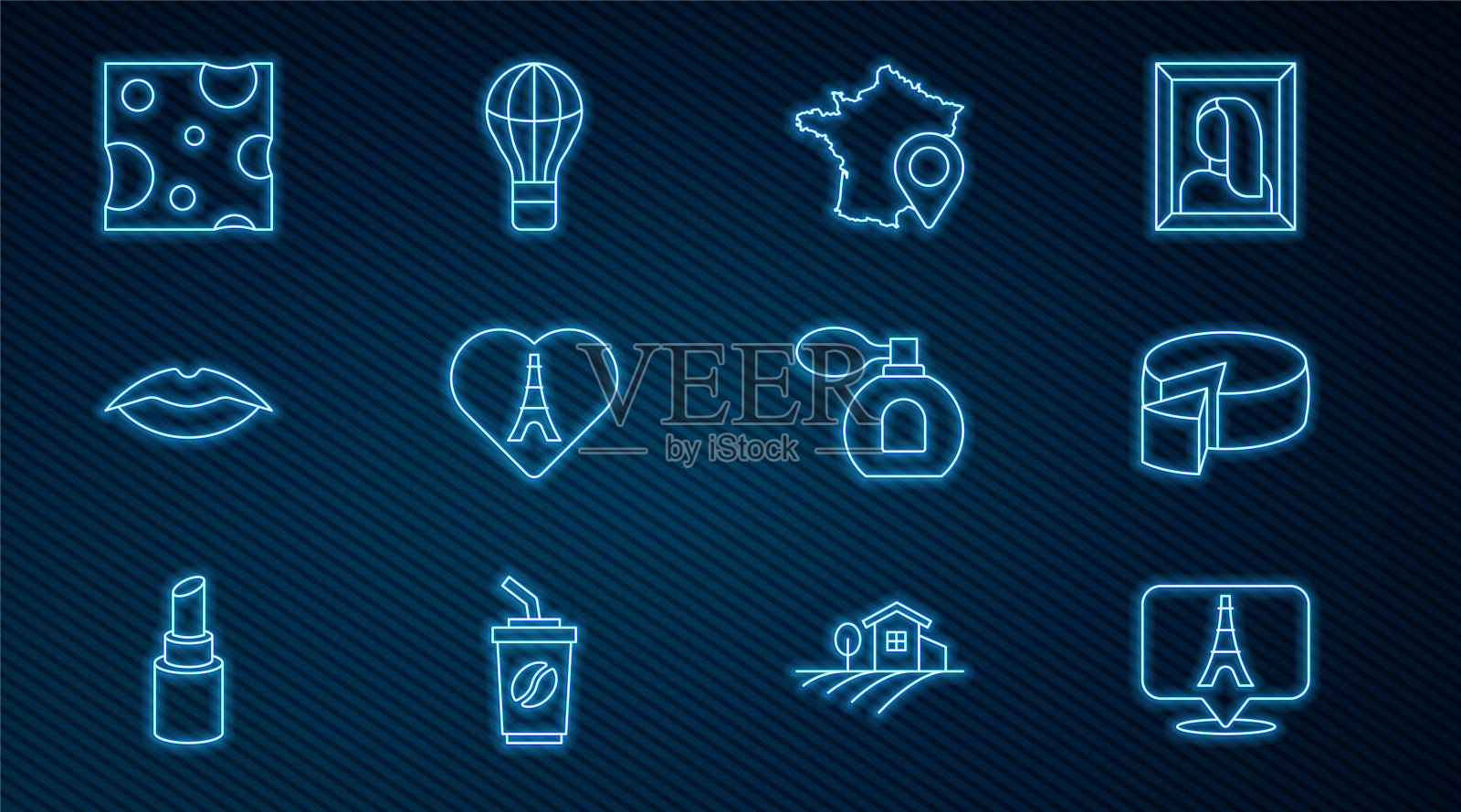 设置线埃菲尔铁塔,奶酪,法国地图,心脏,微笑的嘴唇,香水和热气球图标。向量图标素材