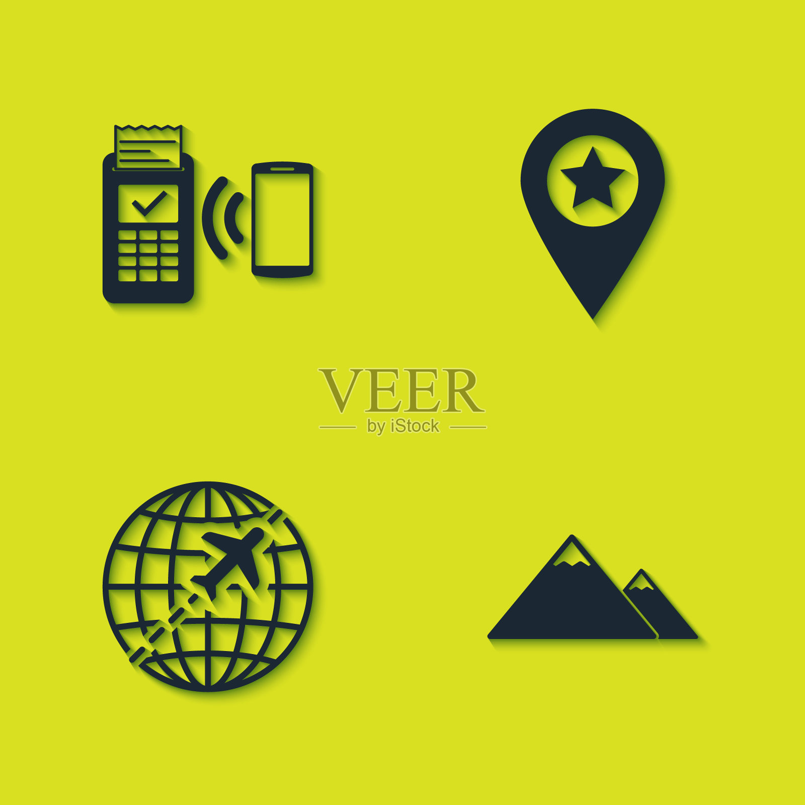 设置POS终端,山脉,环球飞行飞机和位置星图标。向量图标素材