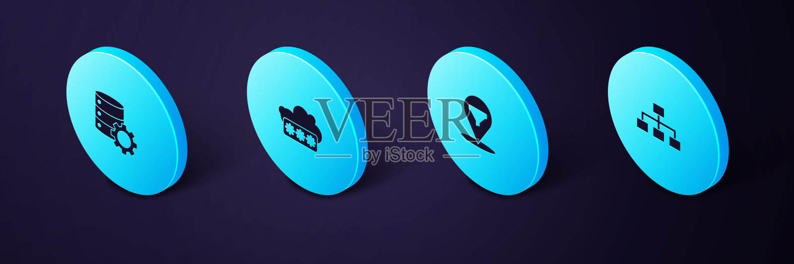 设置等距层次组织图,位置与销售漏斗,密码保护和服务器和齿轮图标。向量图标素材