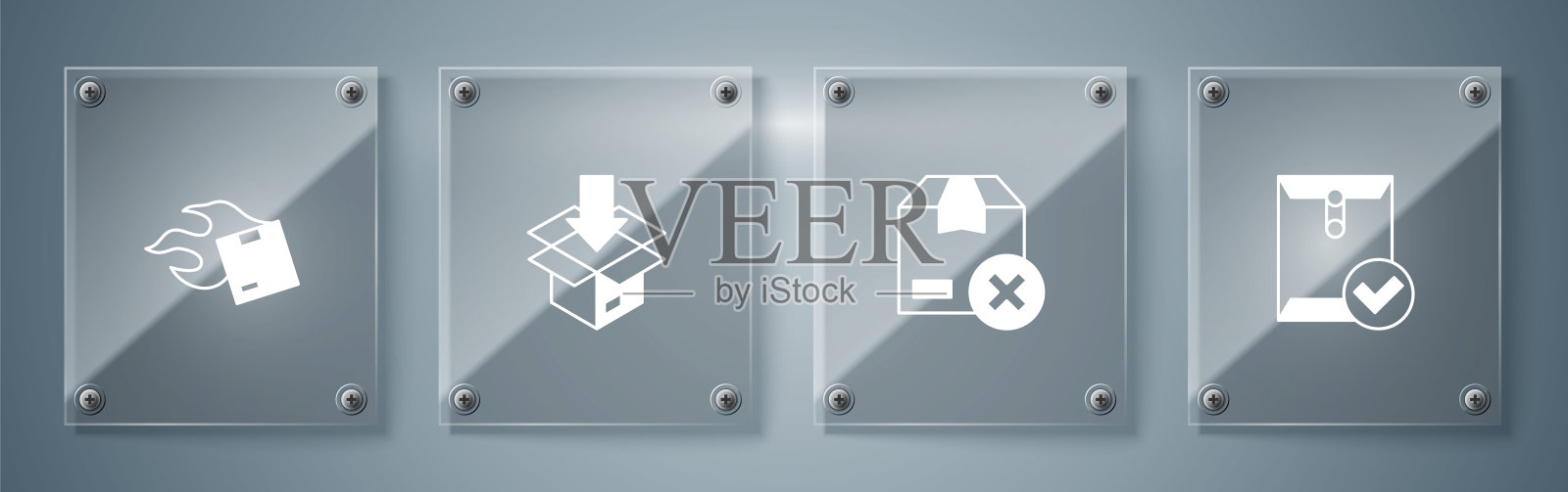 设置信封和检查标记,纸箱纸箱,和。方形玻璃面板。向量插画图片素材