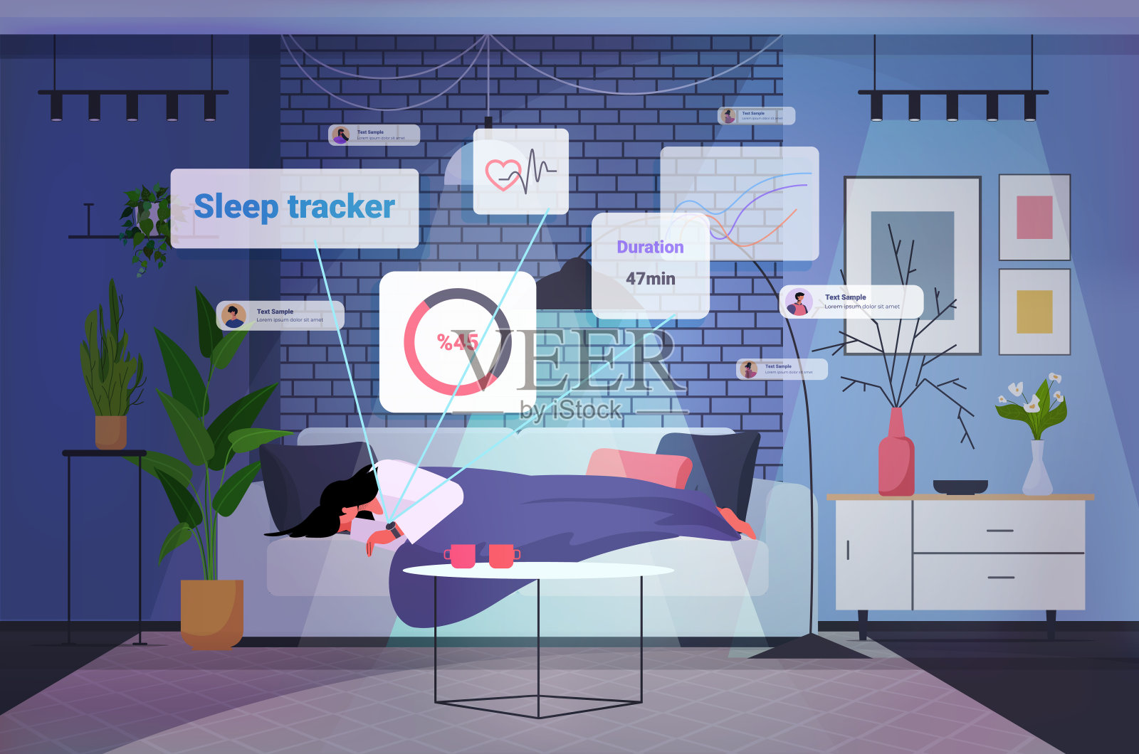 疲惫的女人睡觉带着电子智能手表app跟踪器在手,质量和数量的睡眠控制概念插画图片素材