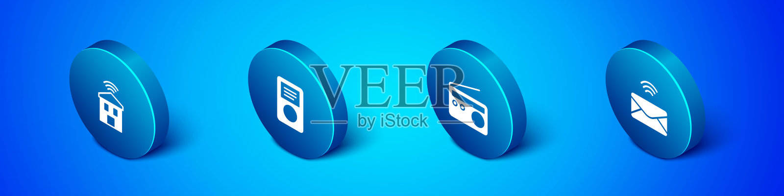 设置等距智能家居wi-fi,收音机,邮件和电子邮件和音乐播放器图标。向量图标素材