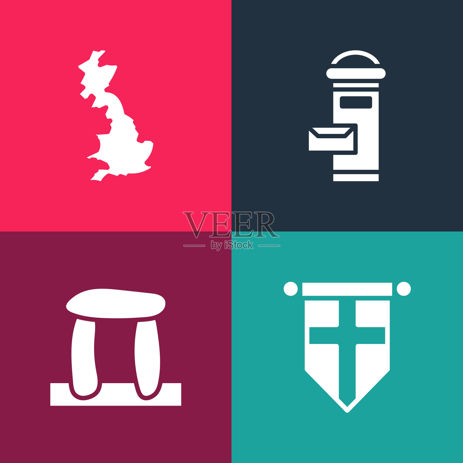 在三角旗、巨石阵、伦敦邮箱和地图图标上设置波普艺术的英国国旗。向量图标素材