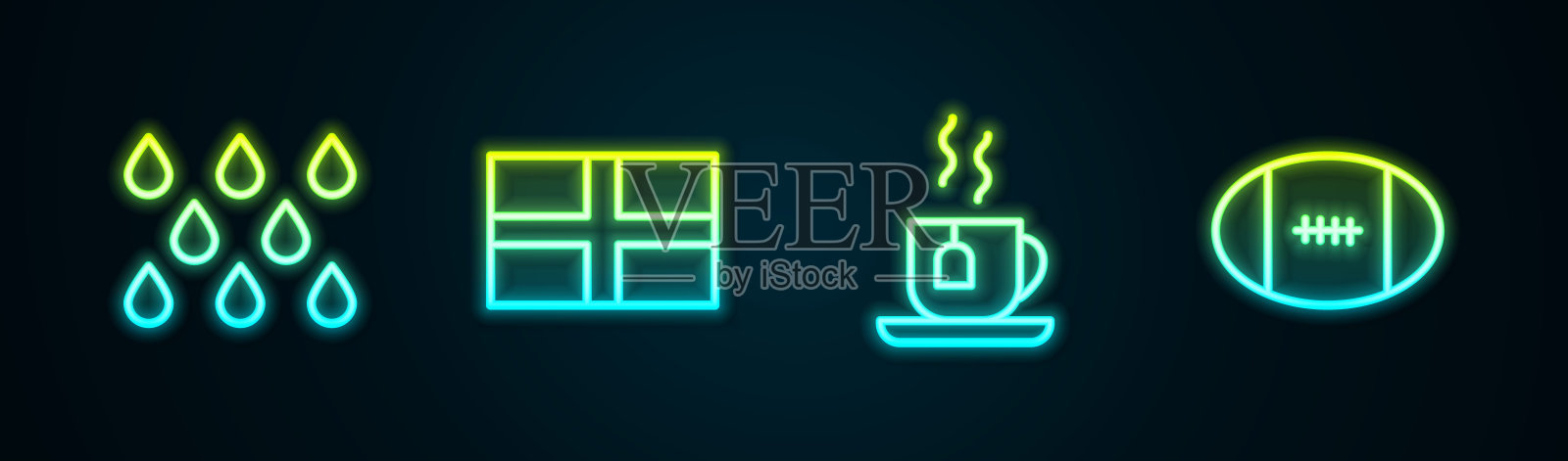 设置水珠、英国旗、茶包杯茶及橄榄球。发光的霓虹灯图标。向量插画图片素材