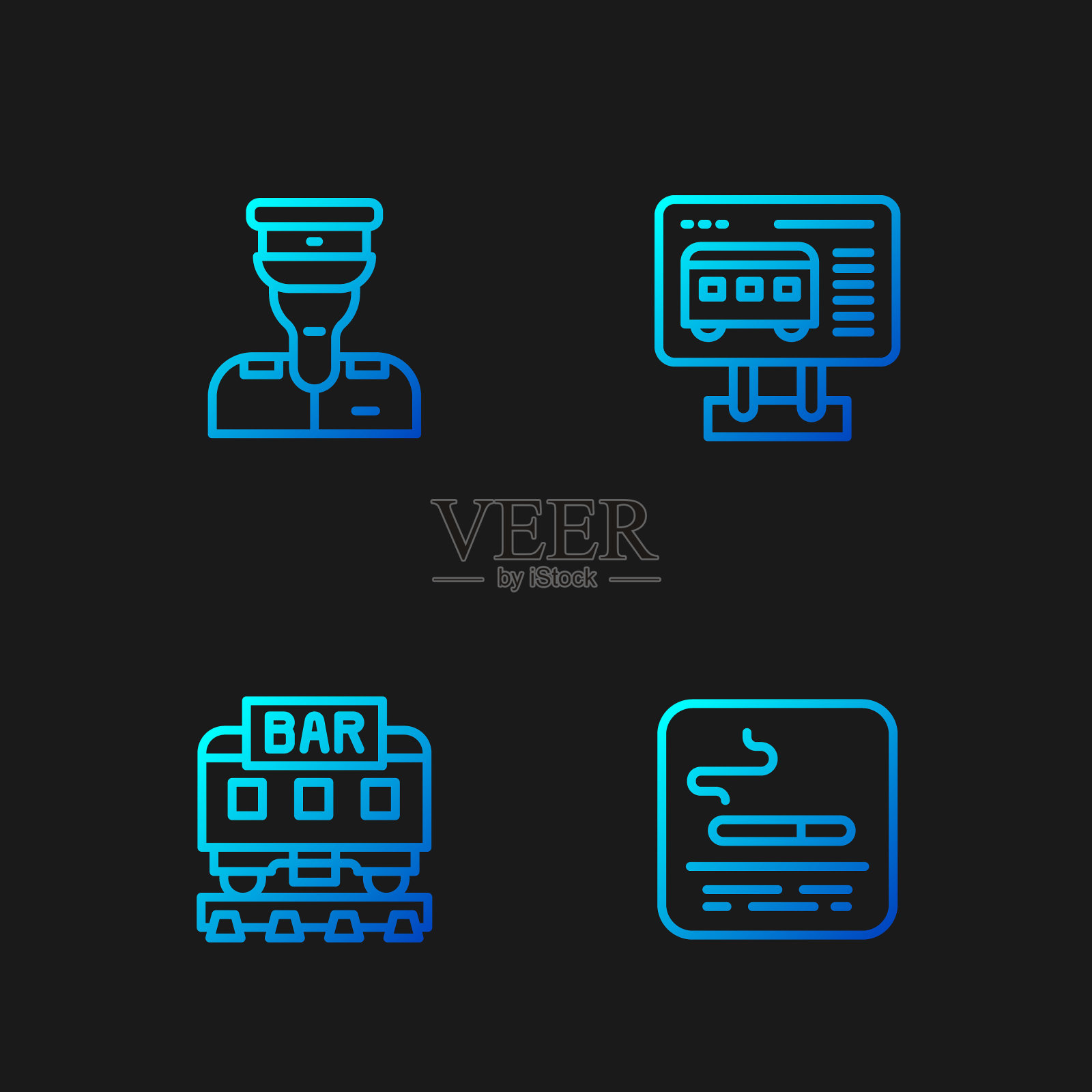 设置吸烟区、餐车、列车长和售票处购票。渐变颜色图标。向量图标素材