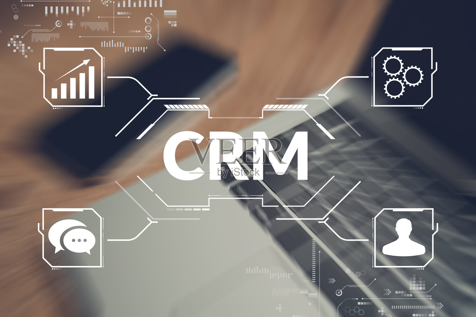 概念CRM或客户关系管理。本工作以一台笔记本电脑和一部手机为背景进行了抽象方案的设计照片摄影图片