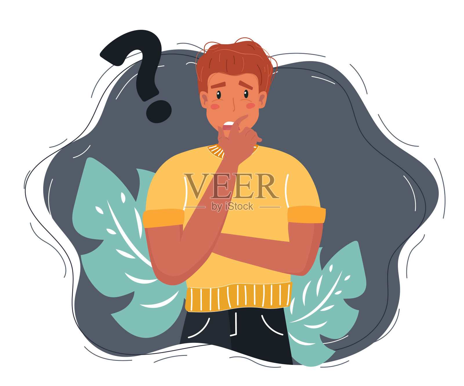 向量卡通插图的人和问号。白色背景下沉思的男人。插画图片素材