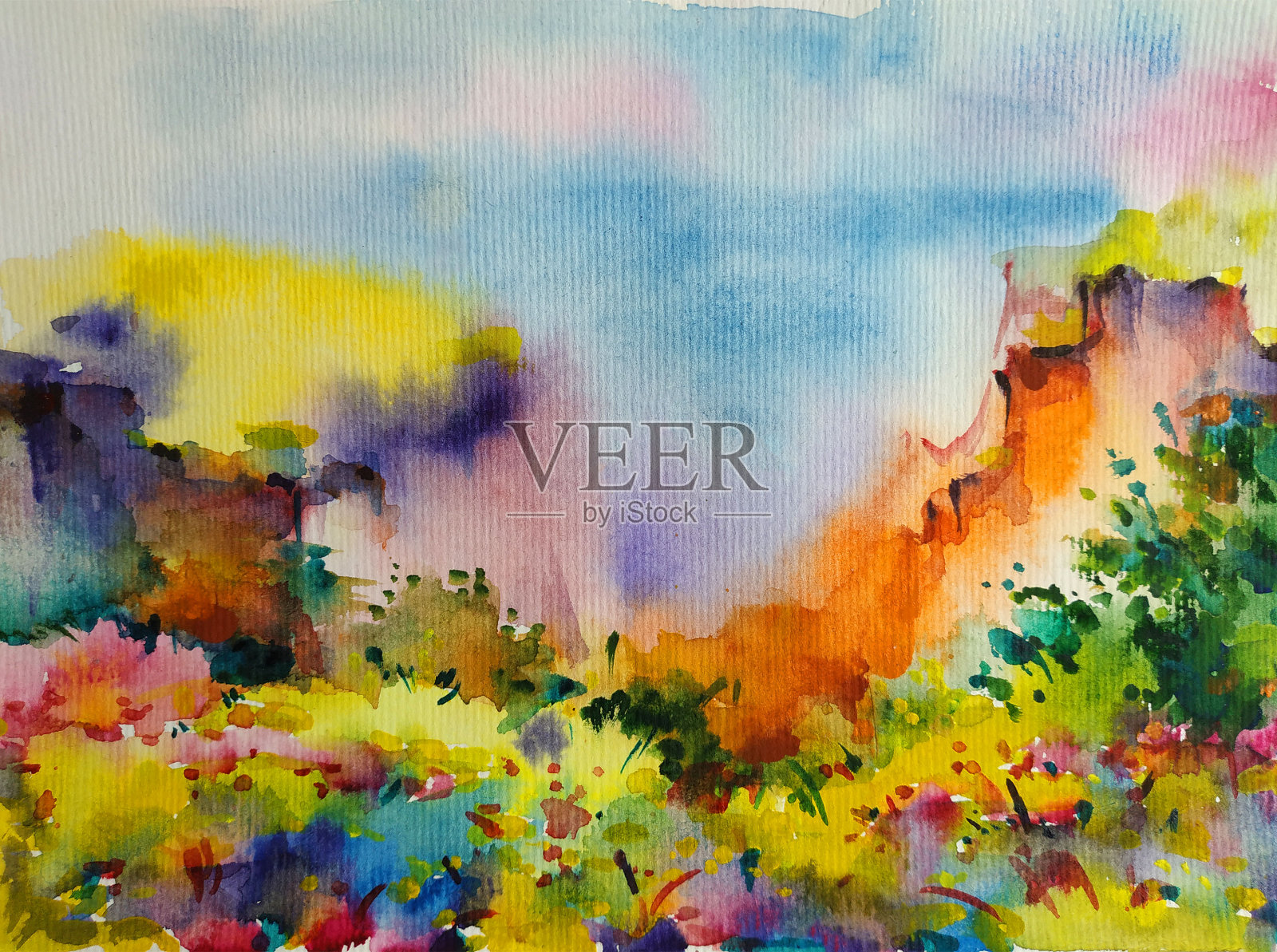 水彩彩色明亮纹理抽象背景手工制作。地中海风景。海岸建筑和植被绘画插画图片素材