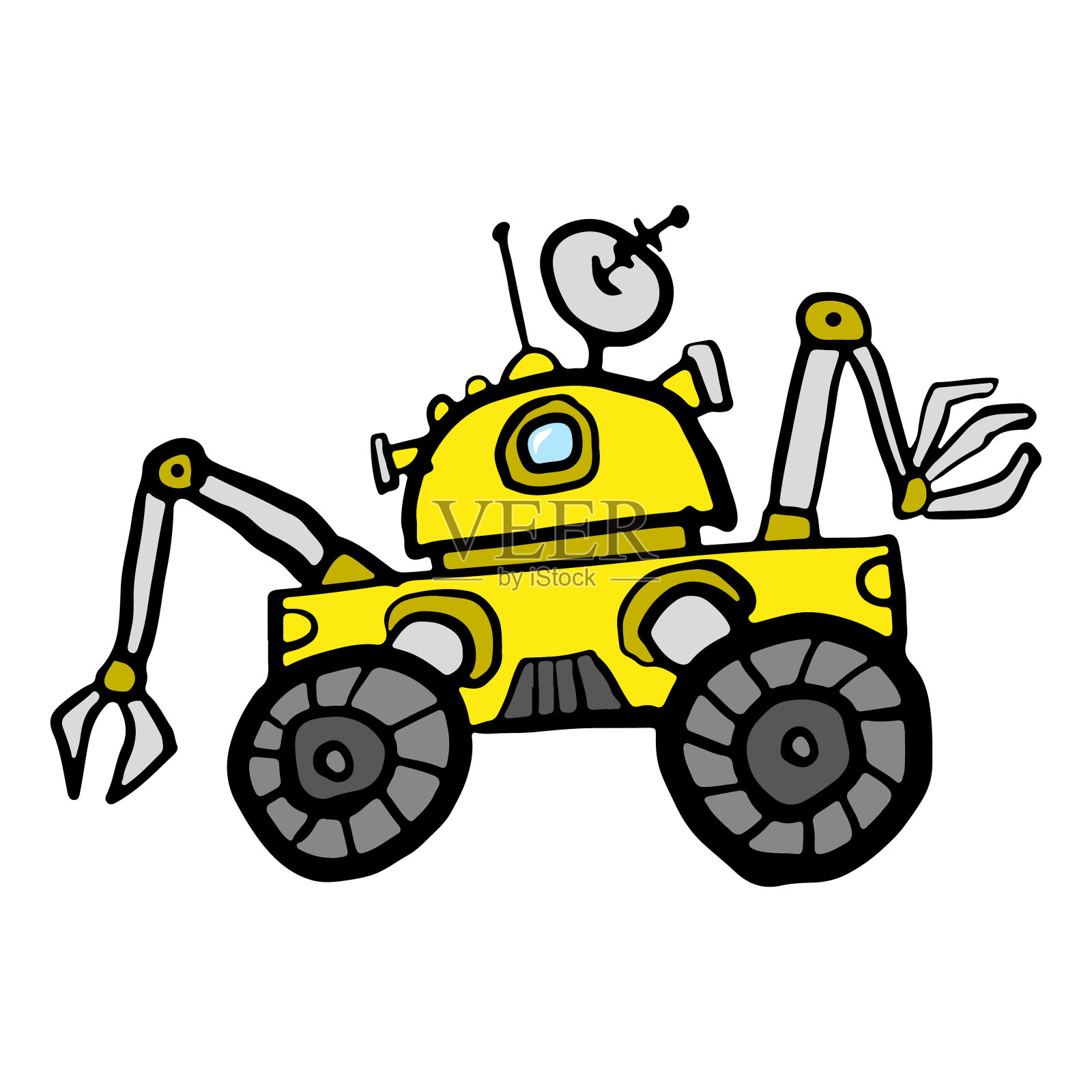 黄色卡通月球车图标。侧视图。彩色的轮廓剪影。手绘矢量图形插图。白色背景上的孤立对象。隔离。插画图片素材