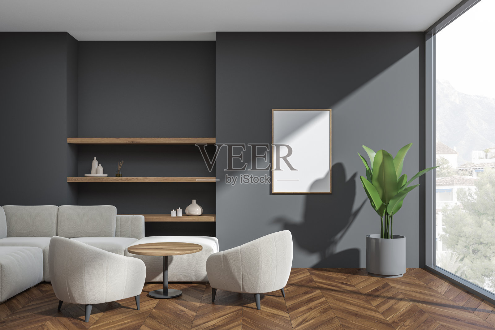 黑暗的客厅内部与空的白色海报,两个扶手椅照片摄影图片