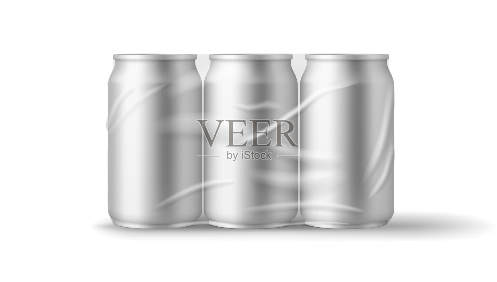 现实的啤酒包装模板锡罐模型在塑料包装,六个苏打金属罐,侧视图插画图片素材