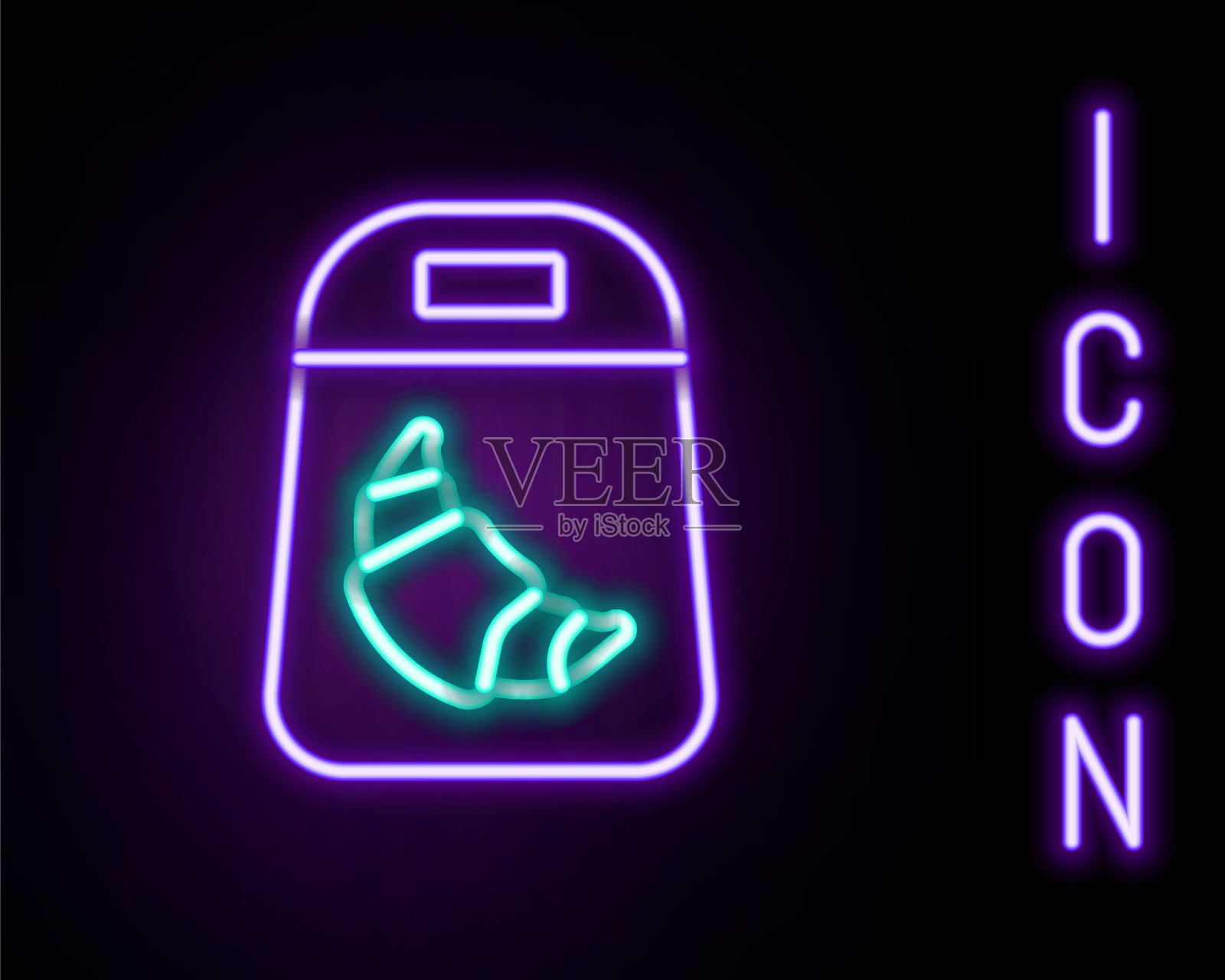 发光的霓虹灯线羊角包图标孤立在黑色背景。色彩斑斓的轮廓的概念。向量插画图片素材