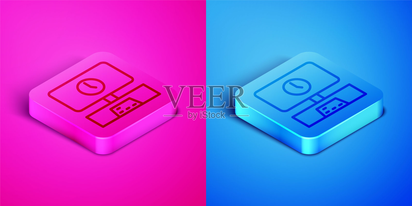 等距线智能电视时间图标孤立在粉红色和蓝色背景。电视信号。方形按钮。向量图标素材