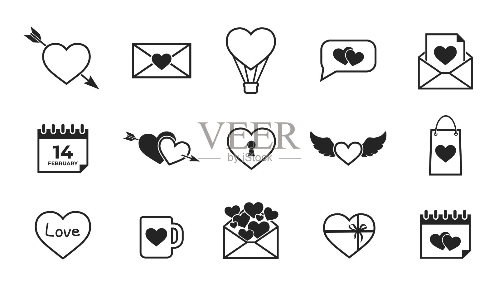 情人节线图标设置。浪漫和爱情的象征图标素材