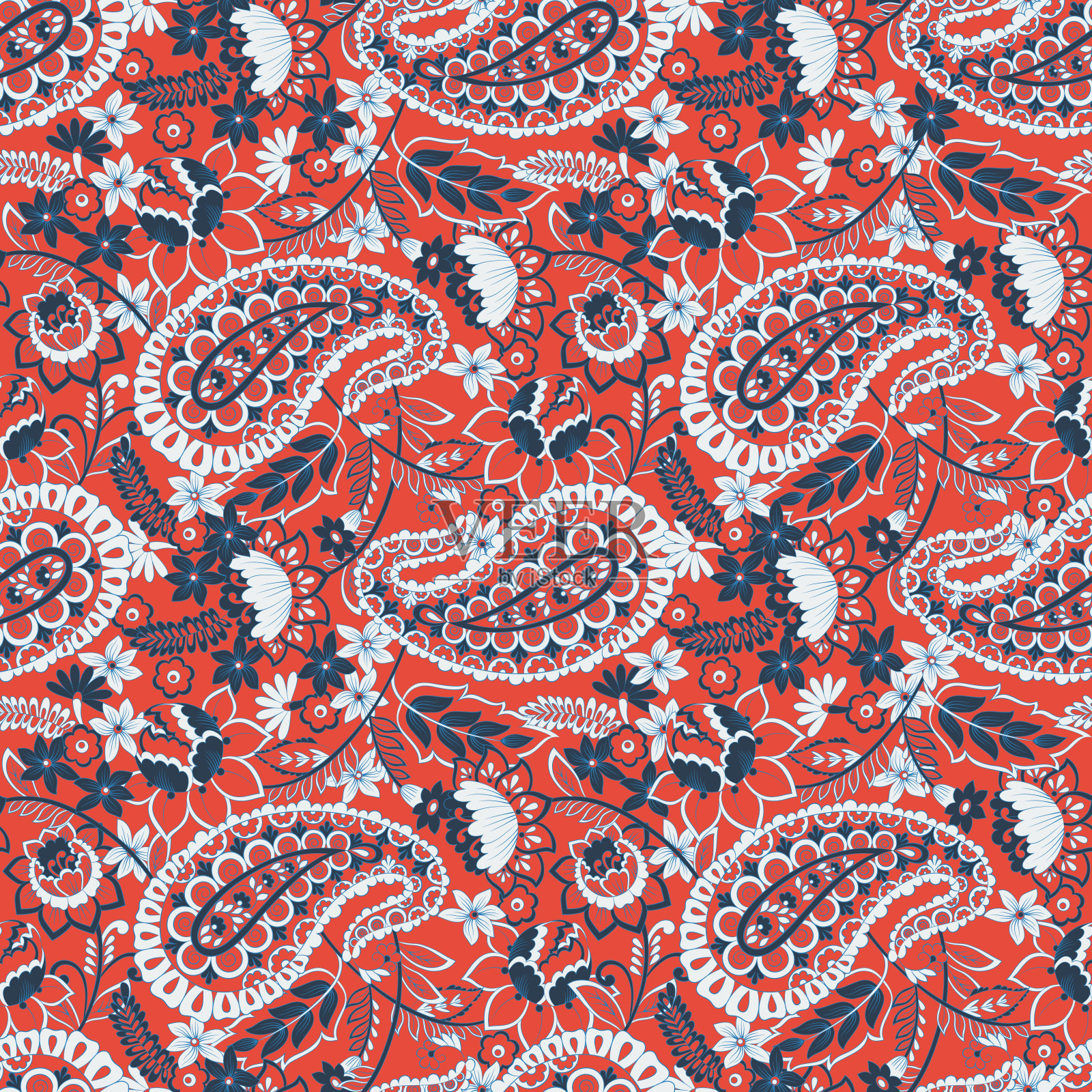 佩斯利无缝装饰图案。Kalamkari矢量织物背景插画图片素材