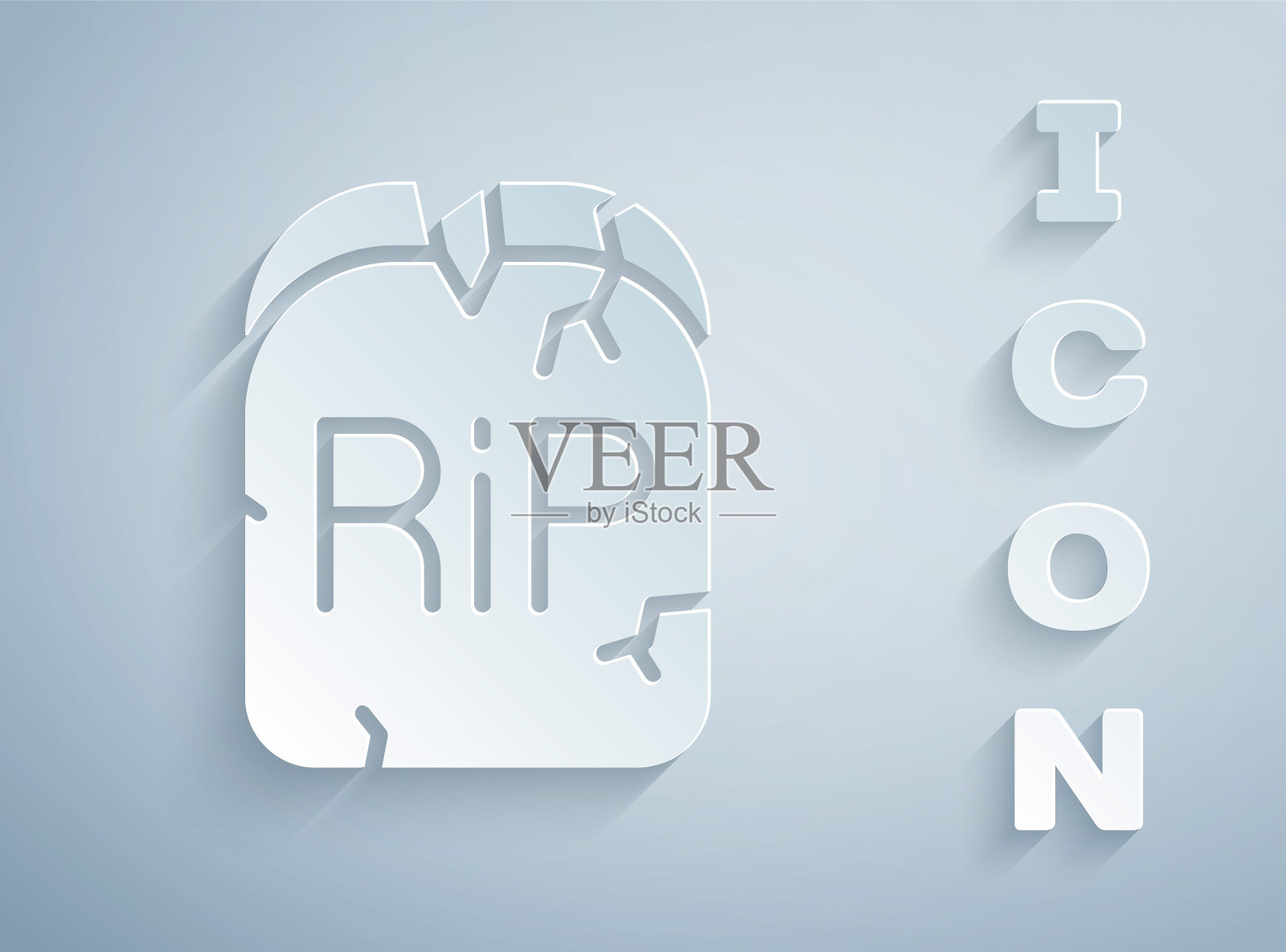 纸切墓碑与RIP写在它图标孤立的灰色背景。严重的图标。快乐的万圣节派对。纸艺术风格。向量插画图片素材