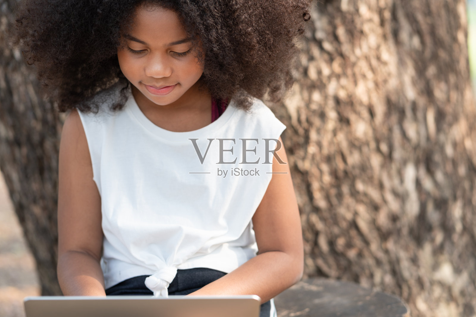 非裔美国女孩在公园的树下使用笔记本电脑照片摄影图片