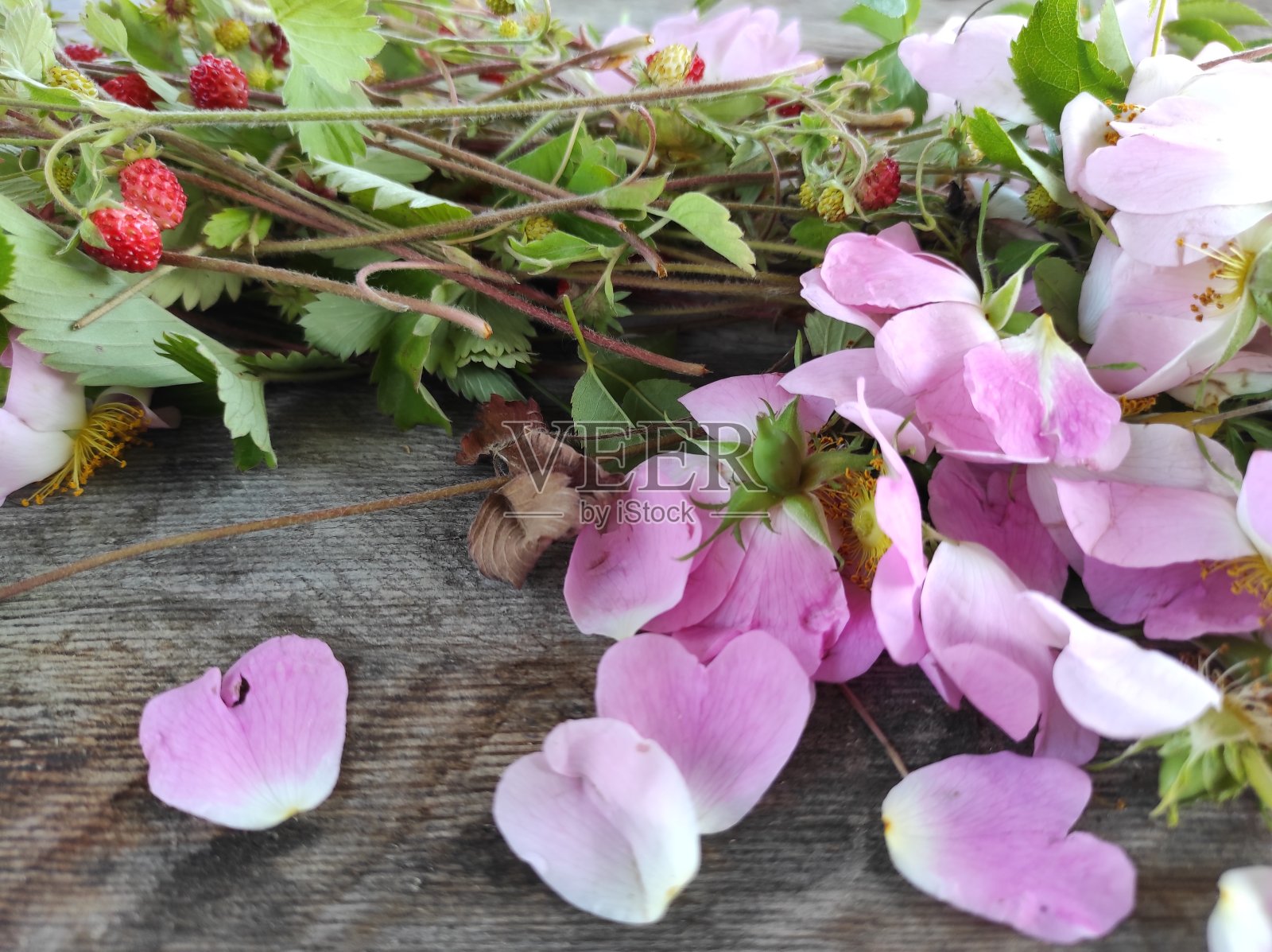 一束野花,玫瑰花瓣和草莓照片摄影图片