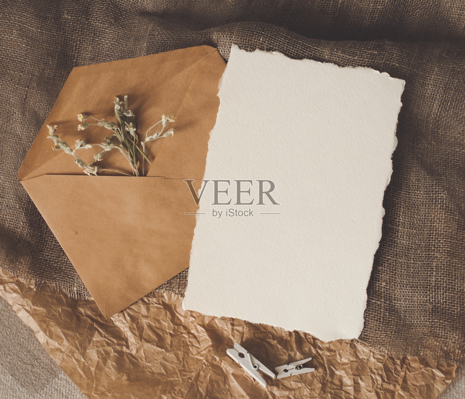 蜡兰干花,白色空纸片,信封上自然棕色工艺麻袋布织物和皱巴巴的纸平面布局平躺顶视图。设计模板卡片,邀请,婚礼装饰照片摄影图片