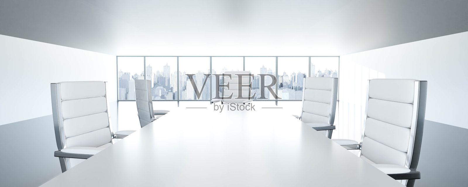 空桌子在明亮的阁楼办公室与椅子和城市天空商业区全景窗口3d渲染插图照片摄影图片