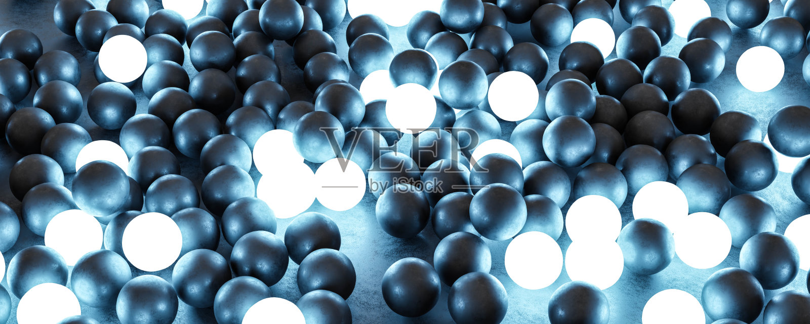 黑色抽象金属球与蓝色led照明3d渲染插图照片摄影图片