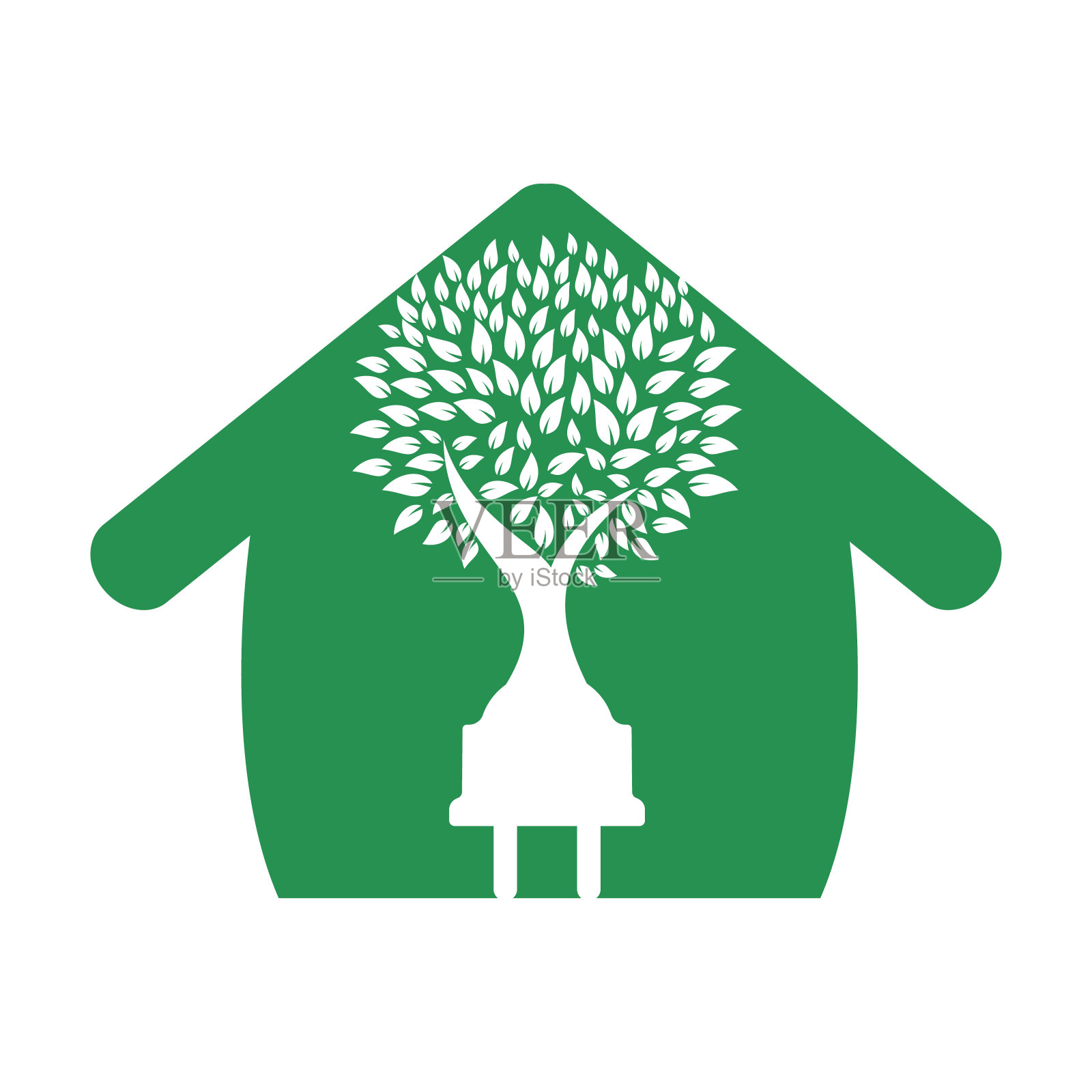 绿色能源电力标志概念。带树和家的电插头图标。插画图片素材