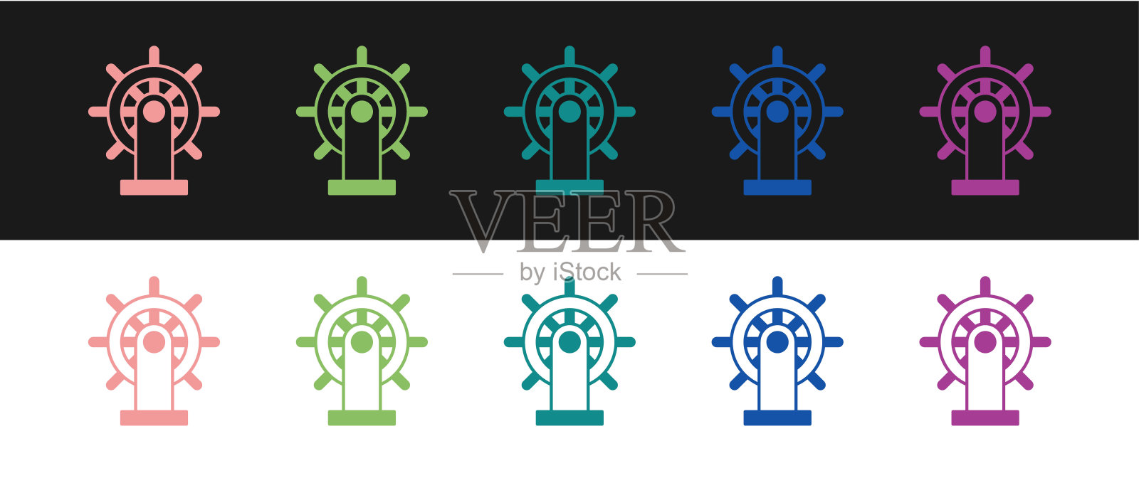 设置船舶方向盘图标孤立在黑白背景上。向量图标素材