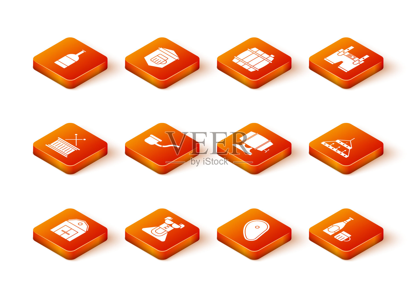 设置农场房子,女装紧腰裙,音乐鼓和棍子,烟斗,牛排肉,架子上的木桶,啤酒瓶玻璃和巨大的钢铁吊灯图标。向量图标素材