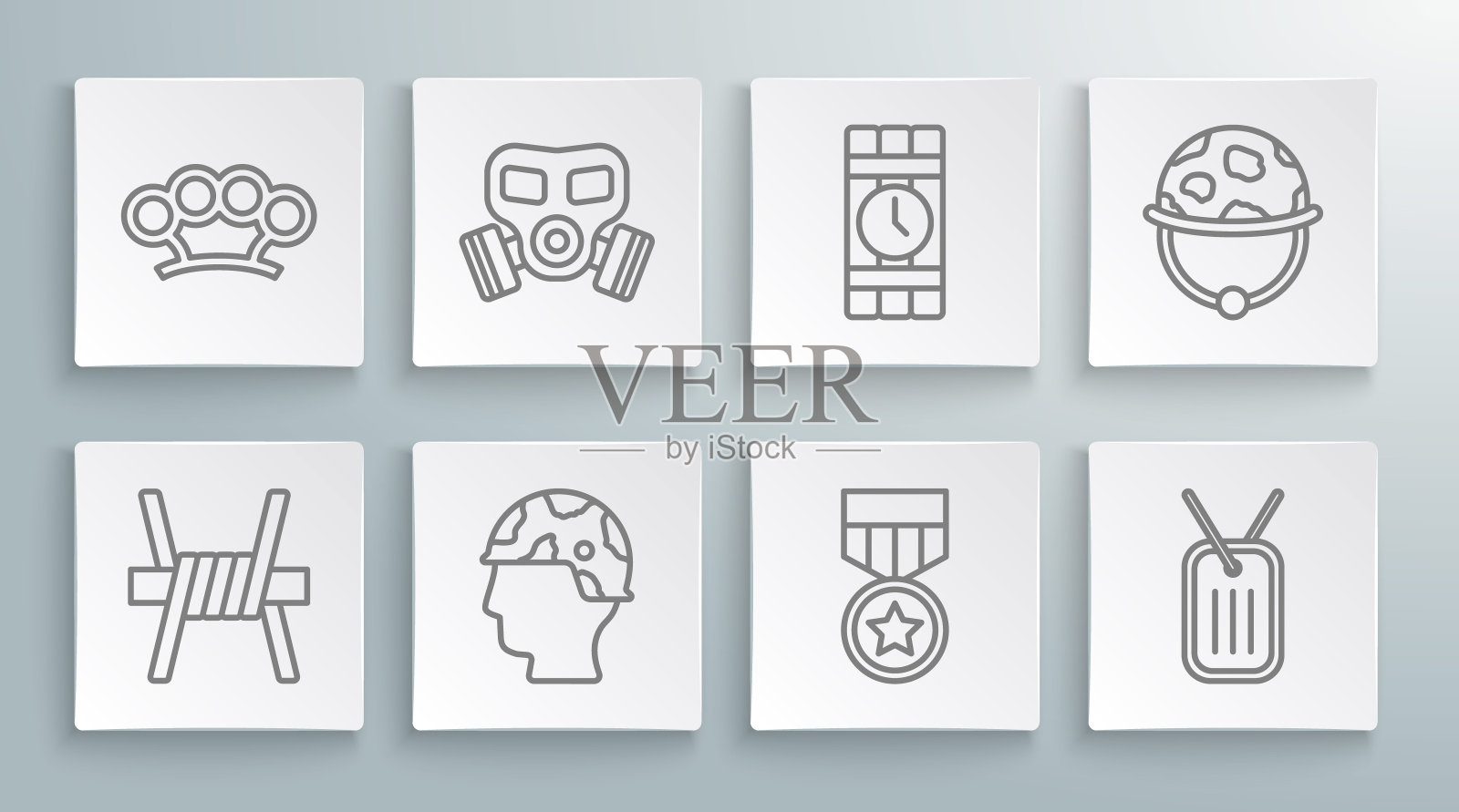 设置线带刺铁丝网,防毒面具,陆军士兵,军事奖励奖章,狗标签,炸药和定时器时钟,头盔和铜关节图标。向量图标素材