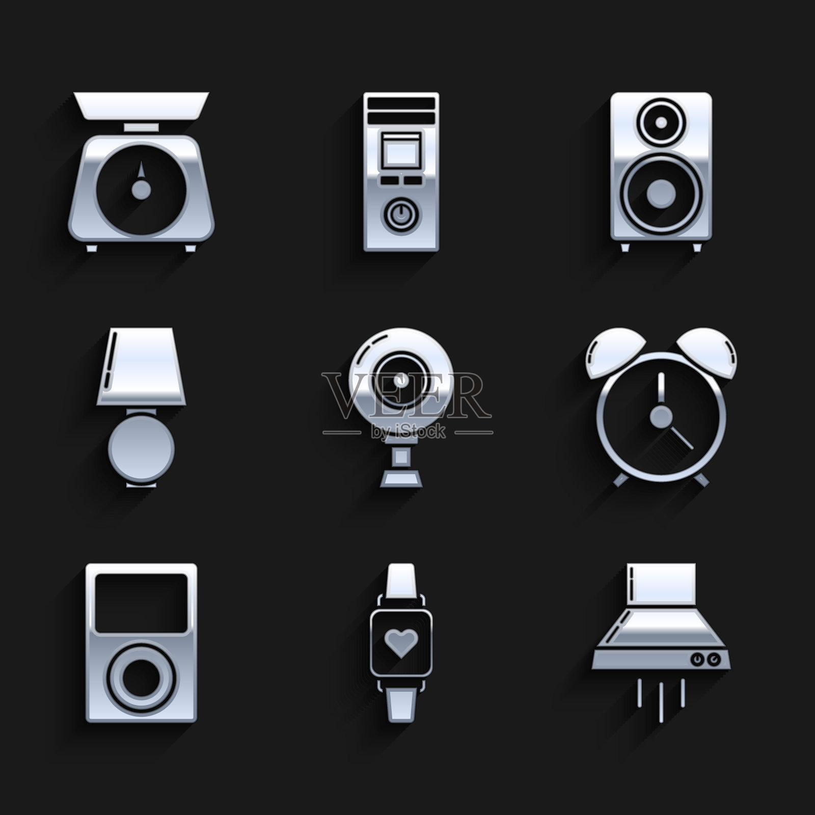 设置网络摄像头,显示心率的智能手表,厨房风扇,闹钟,音乐播放器,台灯,立体声扬声器和天平图标。向量图标素材