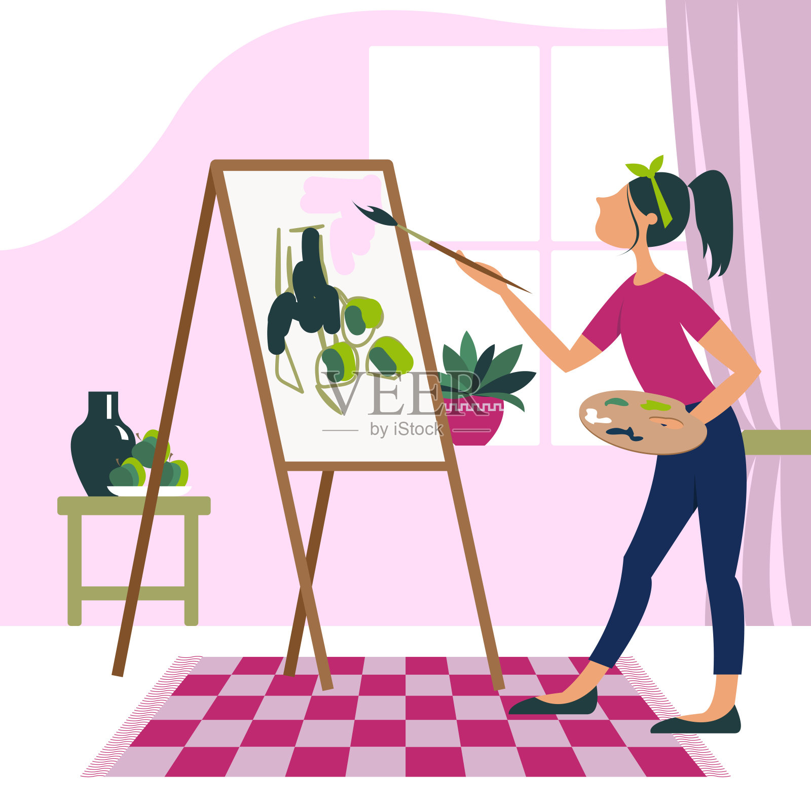 一个女人站在她的房间里,用画笔在画布上画画插画图片素材