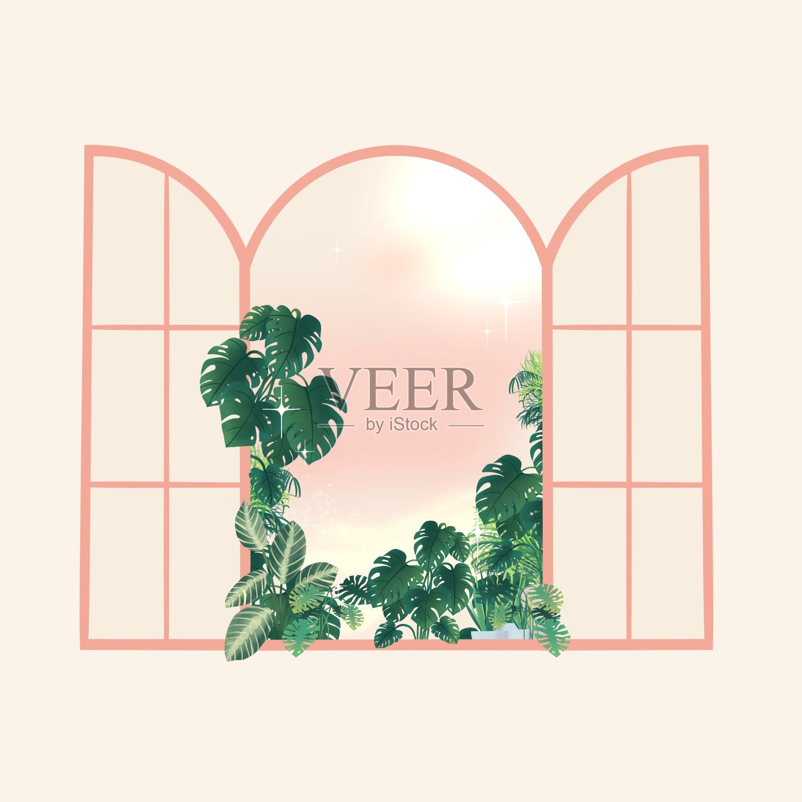 窗户与植物视图插图设计插画图片素材