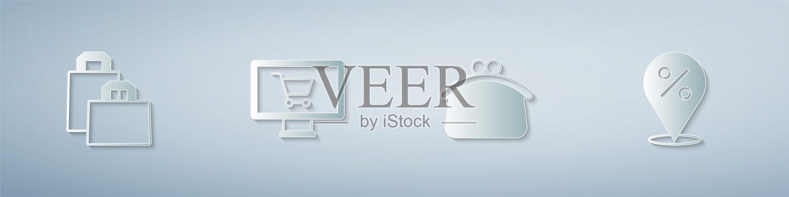 设置纸购物袋,购物车在监视器上,钱包和位置与百分比。纸艺术风格。向量插画图片素材