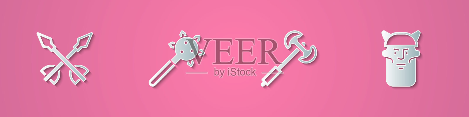 设置剪纸中世纪箭,钉锤,poleaxe和维京人头图标。纸艺术风格。向量插画图片素材