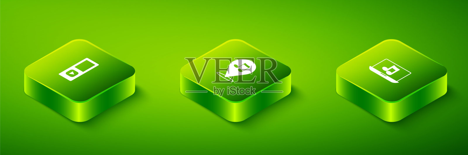 设置等距位置音乐笔记,笔记本电脑和音乐播放器图标。向量插画图片素材