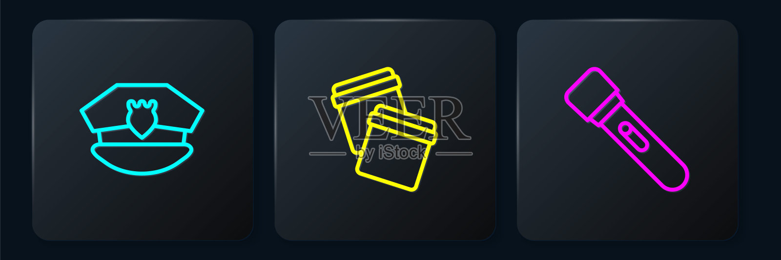 设置带帽徽的警帽、手电筒和塑料袋自封。黑色方形按钮。向量插画图片素材