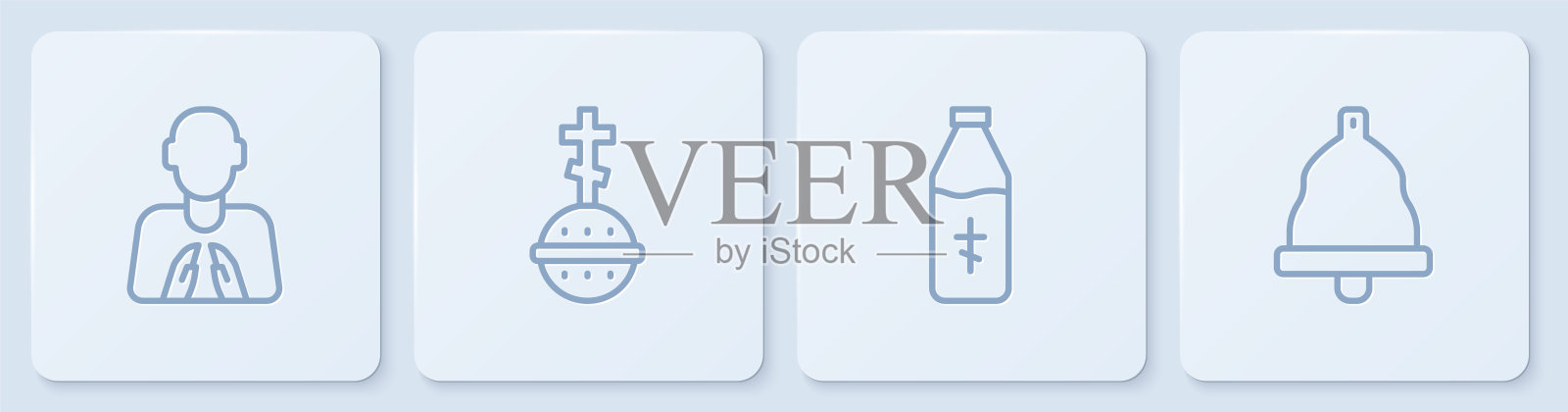 手放在祈祷的位置,圣水瓶,基督教十字架和教堂钟。白色正方形按钮。向量插画图片素材