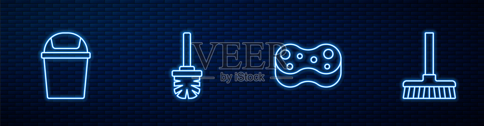 集海绵、垃圾桶、马桶刷、手把扫把于一体。砖墙上闪烁的霓虹灯图标。向量插画图片素材