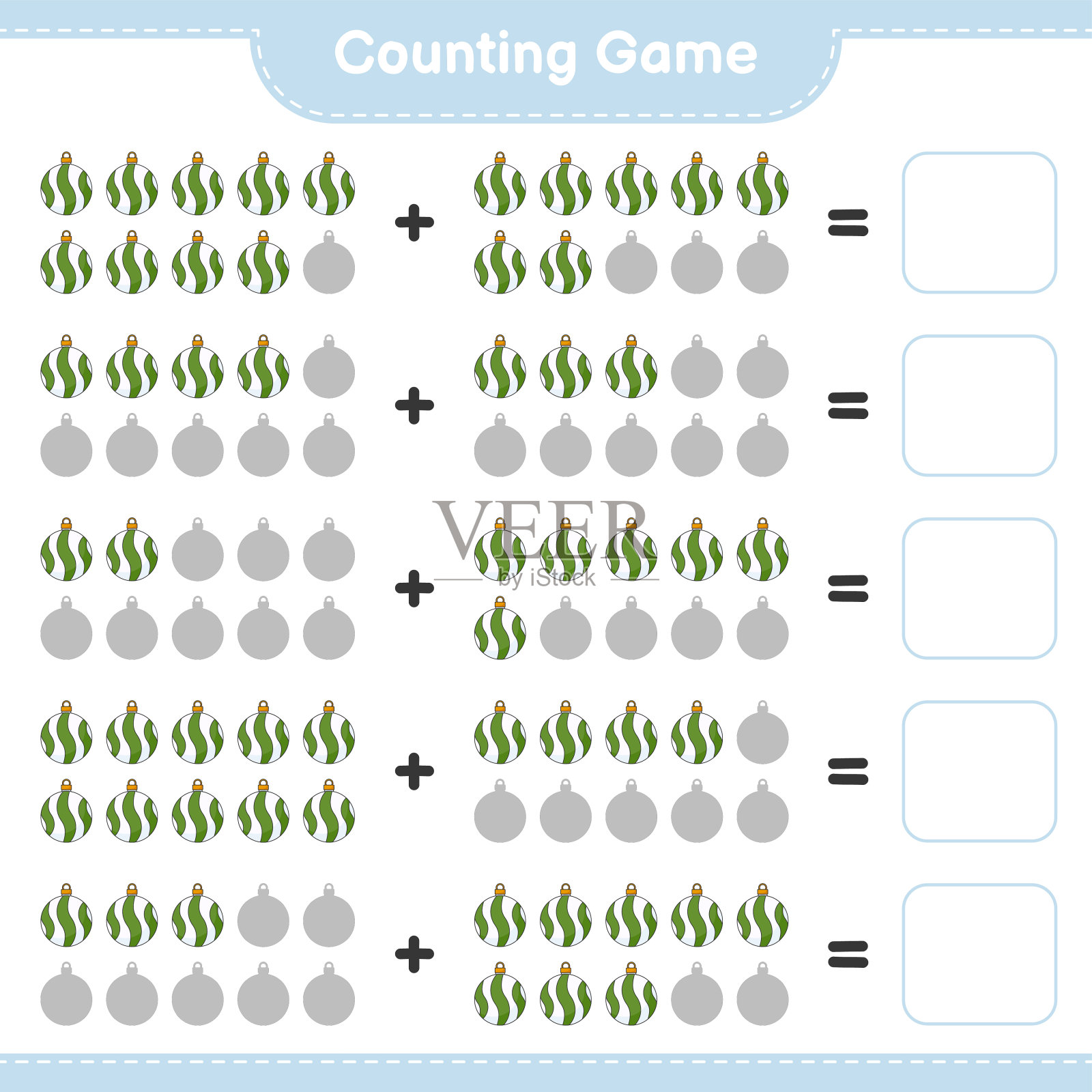 数数游戏,数数圣诞球的数目并写出结果。教育儿童游戏,可打印的工作表,矢量插图插画图片素材