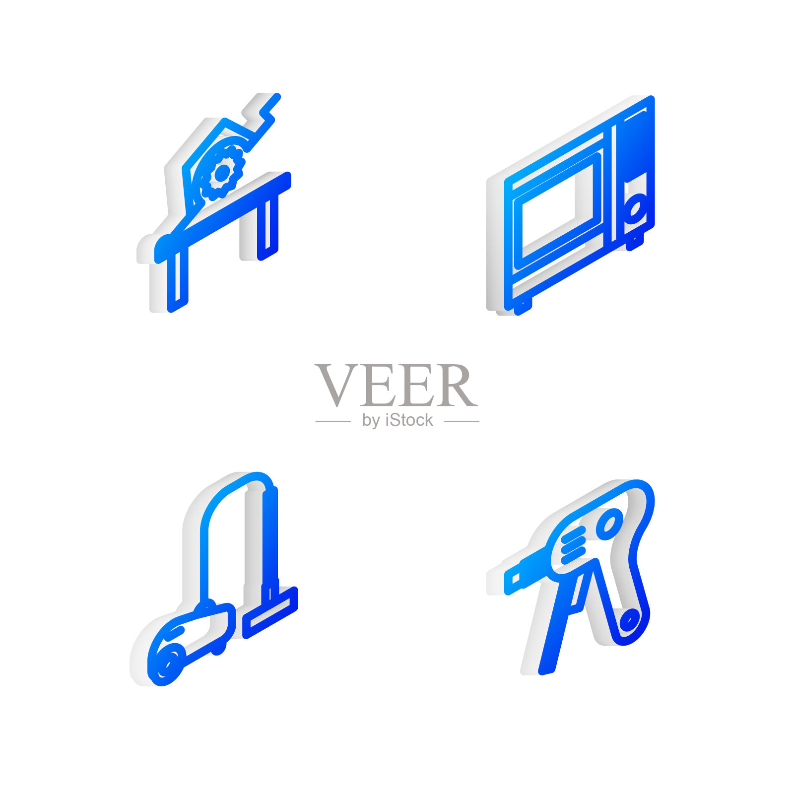 微波炉、木工台锯、吸尘器、电热熔胶枪图标。向量图标素材