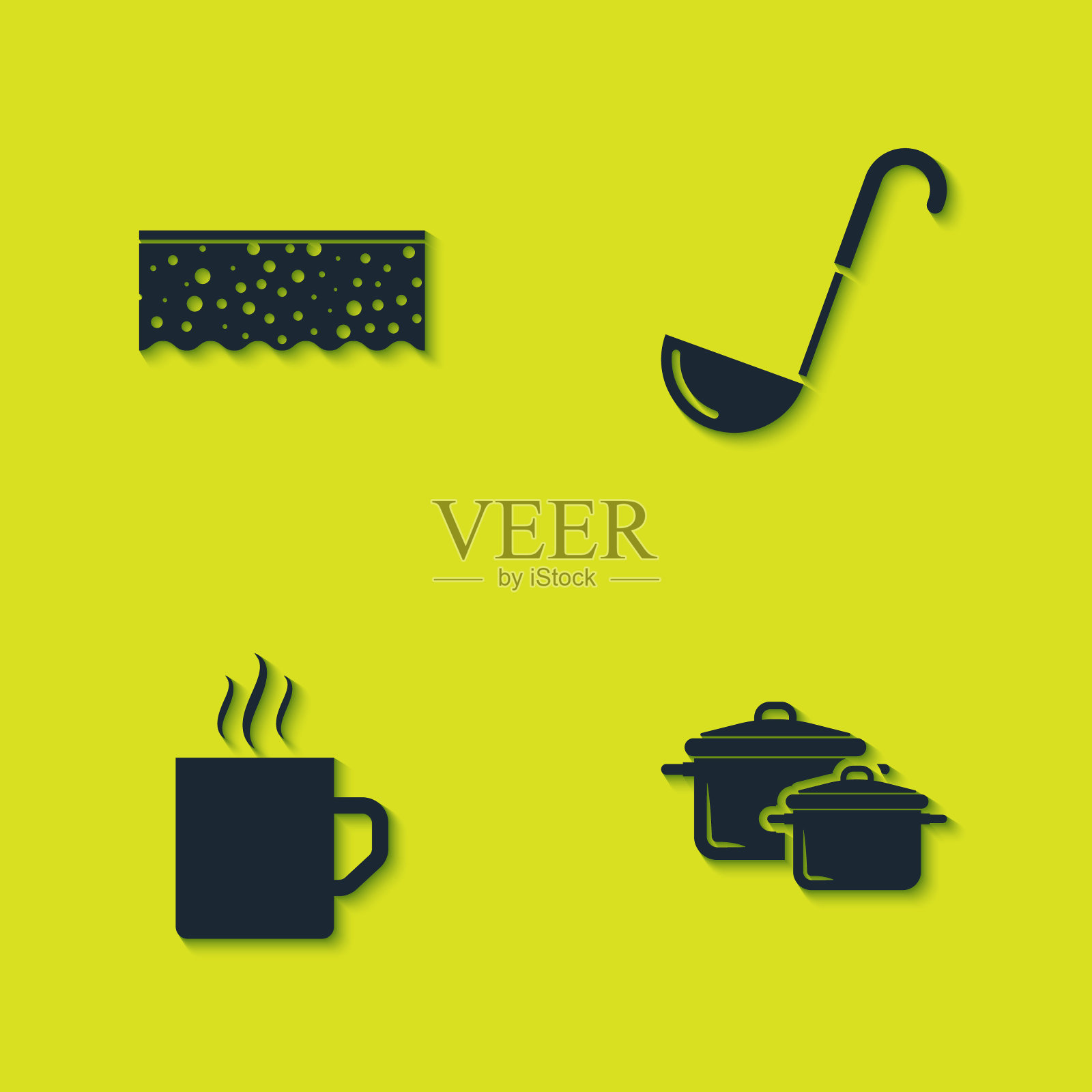 设置海绵泡沫,煮锅,咖啡杯和厨房勺图标。向量图标素材