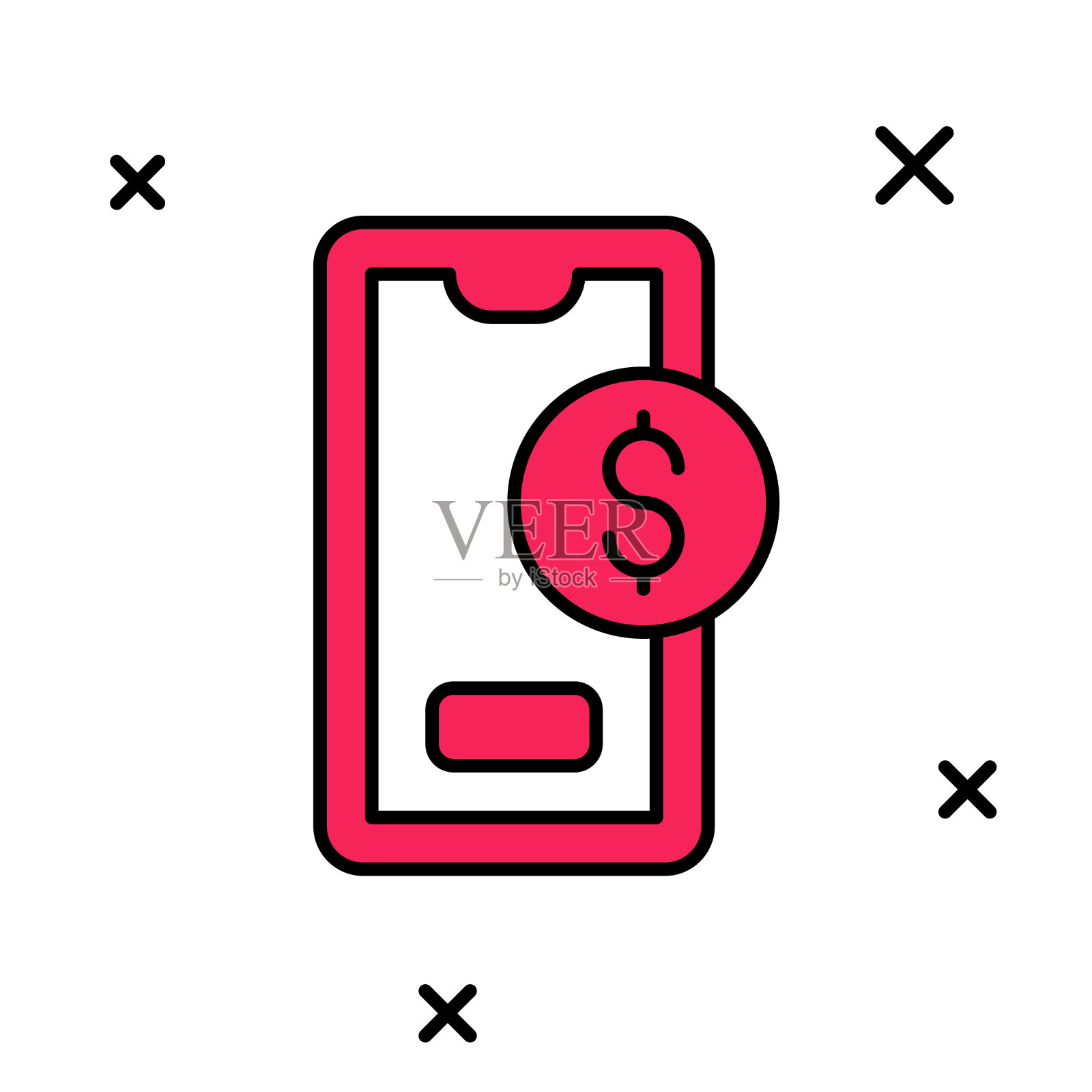 填充轮廓智能手机与美元符号图标孤立在白色背景。网上购物的概念。金融手机图标。在线支付。向量图标素材