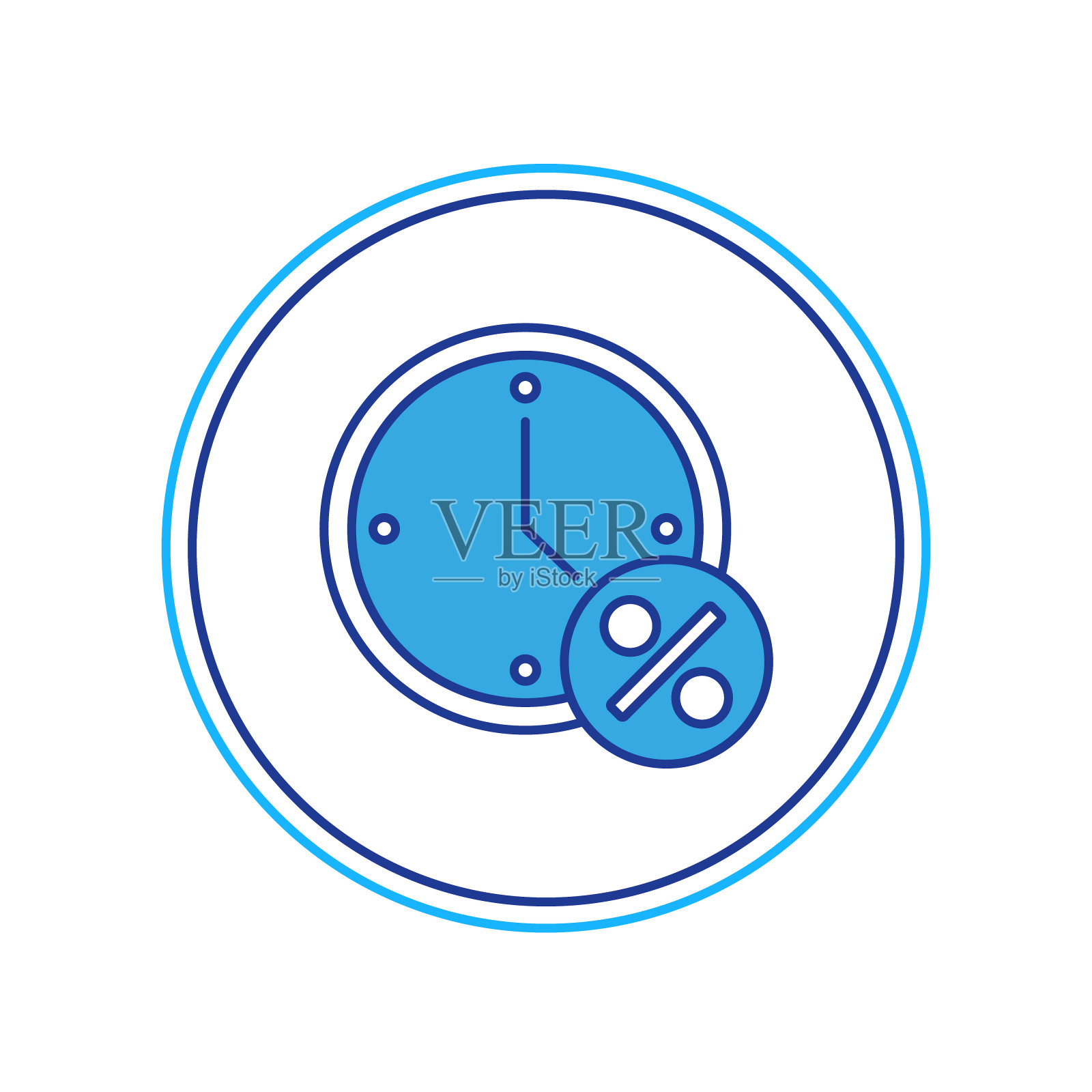 填充轮廓时钟和百分比折扣图标孤立在白色背景上。向量插画图片素材