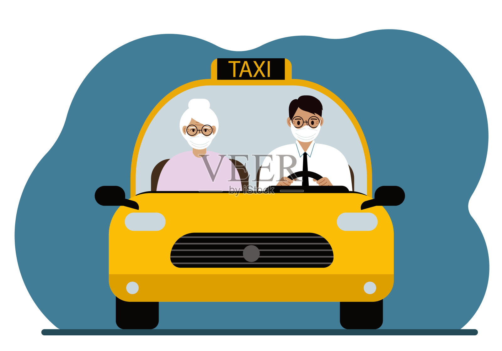 黄色出租车车。一位穿衬衫打领带的出租车司机正载着一位乘客去见他的祖母。前视图。每个人都戴着医用口罩插画图片素材