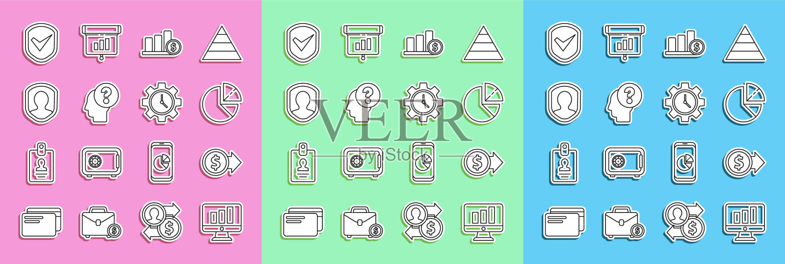 设置线监视器与图形,硬币美元,饼信息图,和,人头问号,用户保护,盾检查和时间管理图标。向量图标素材