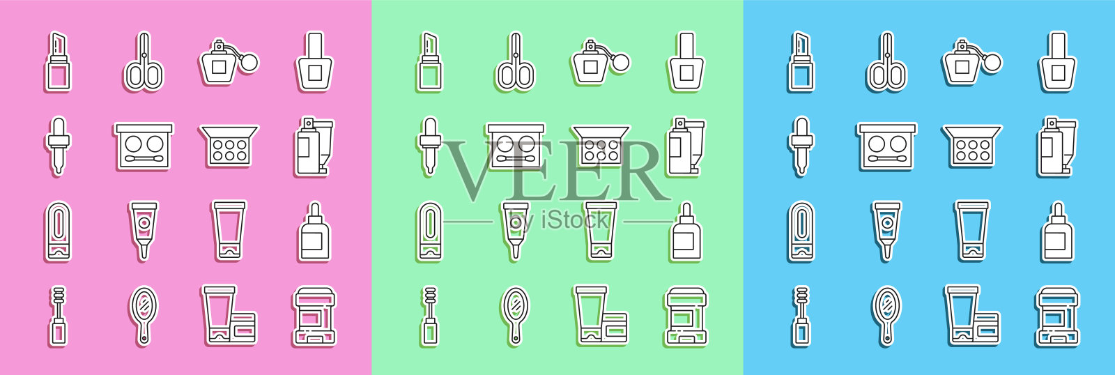 集线止汗除臭卷,霜乳液化妆品管,香水,眼影调色板,移液器,口红和化妆粉与镜子图标。向量图标素材