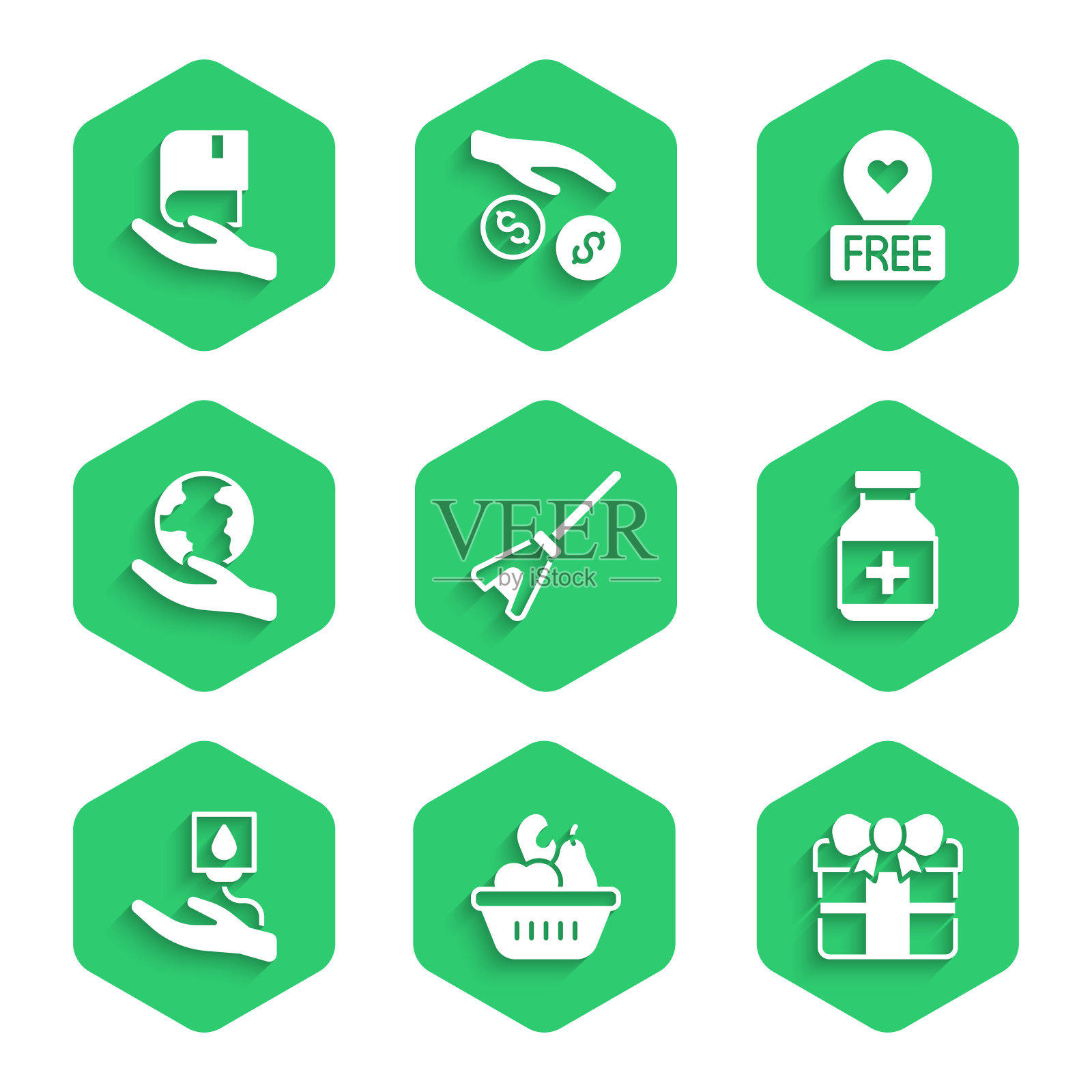 设置拖把,捐赠食品盒,礼品,药瓶和药丸,献血,手握地球,位置与心脏和书的图标。向量图标素材